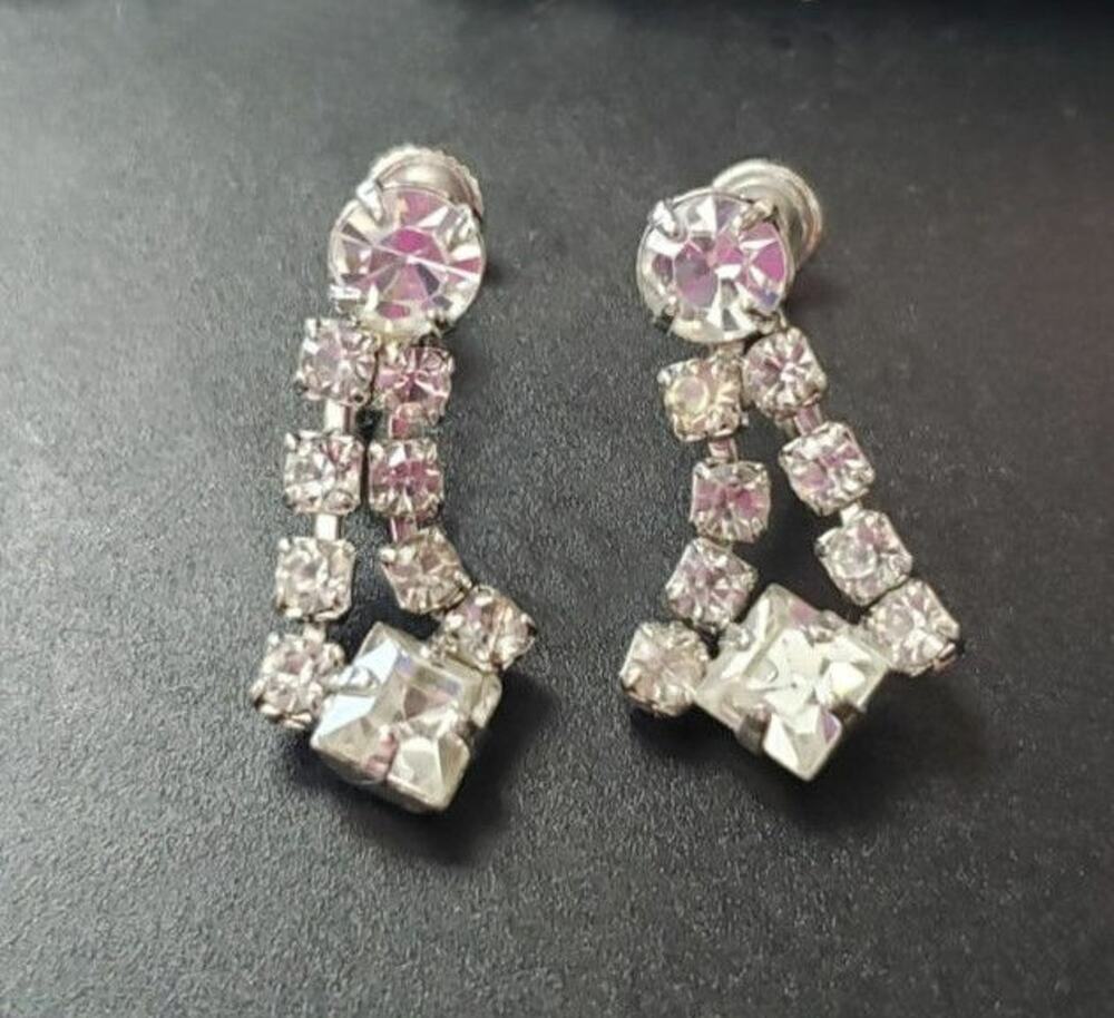 Vintage Screw On Earrings - Clear Stone Dangle - 1" Stylish